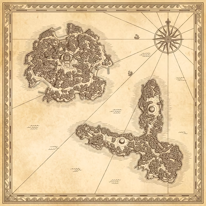 An engraved chart in sepia ink of the two islands along the diagonal: Arche to the north-west, ringed by its road with three harbours and the ringed crown on its hill; Paxos to the south-east, a Y whose two arms open towards Arche, a round hall on each and a town beside the northern one. A compass rose in the top-right corner sends rhumb lines across the sea, with two small ships and wave marks between the islands.